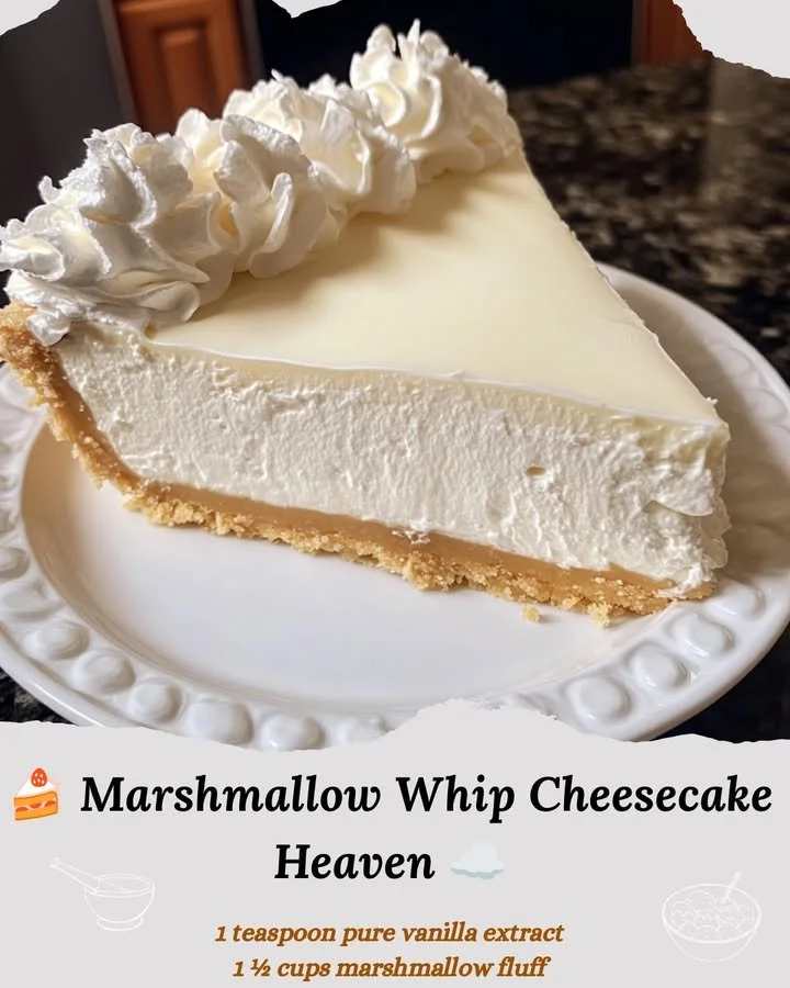 Deliciously fluffy Marshmallow Whip Cheesecake topped with swirls of marshmallow