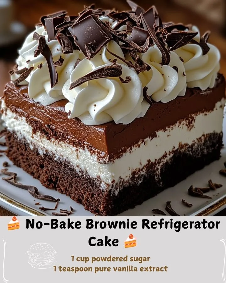 No-Bake Brownie Refrigerator Cake topped with chocolate and nuts