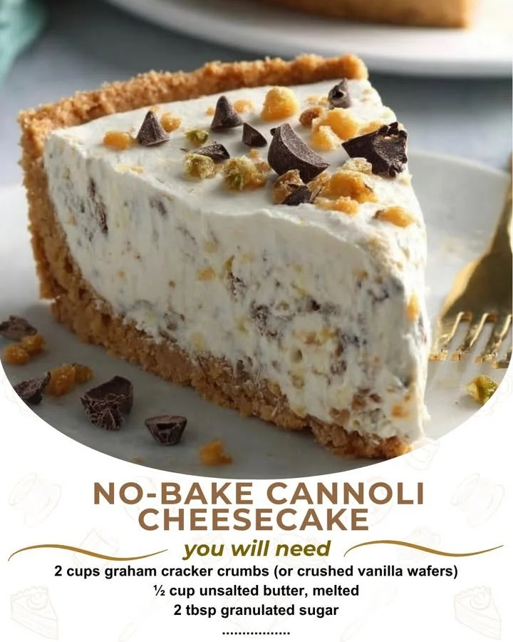Delicious No-Bake Cannoli Cheesecake topped with chocolate chips and whipped cream.