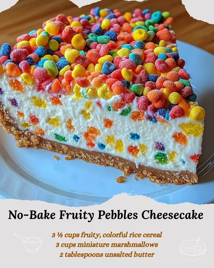 No-bake fruity pebbles cheesecake topped with colorful cereal and whipped cream