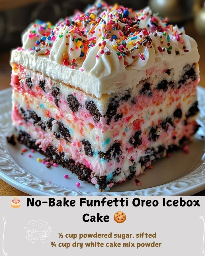 No-Bake Oreo Funfetti Icebox Cake topped with colorful sprinkles and Oreos