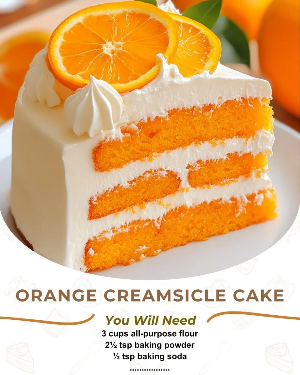 Slice of Orange Creamsicle Cake with orange zest and cream frosting