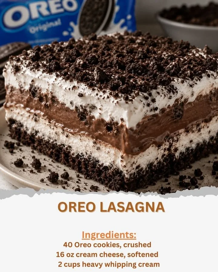 Delicious OREO LASAGNA dessert with layers of cookies and cream filling