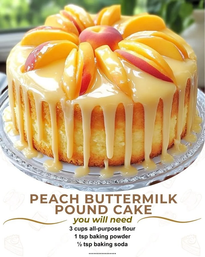 Slice of delicious Peach Buttermilk Pound Cake topped with fresh peaches