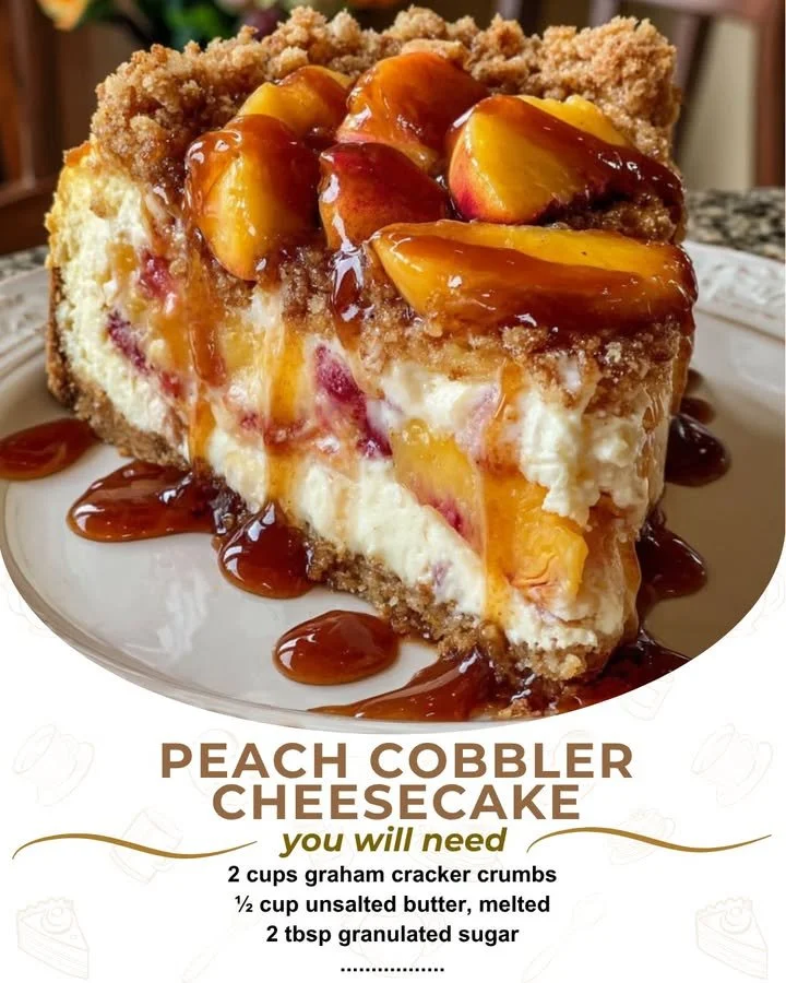 Slice of peach cobbler cheesecake topped with fresh peaches and whipped cream