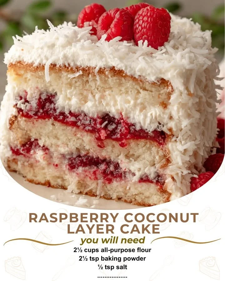 Raspberry Coconut Layer Cake slice garnished with fresh raspberries and coconut flakes