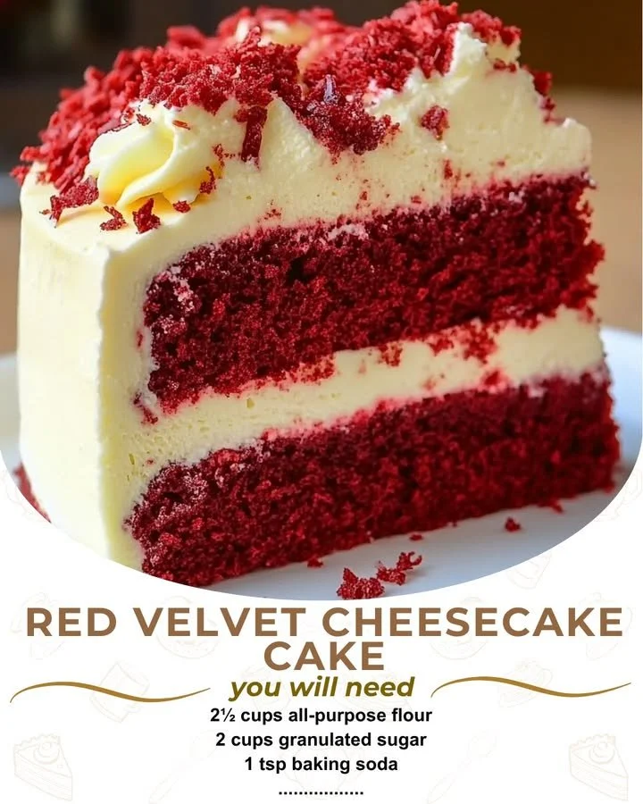 Delicious Red Velvet Cheesecake with cream cheese frosting and red velvet layers