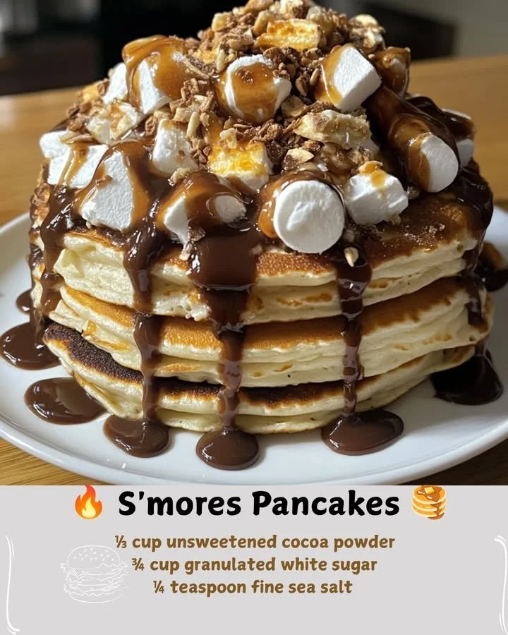 Delicious S'mores Pancakes topped with chocolate and marshmallows