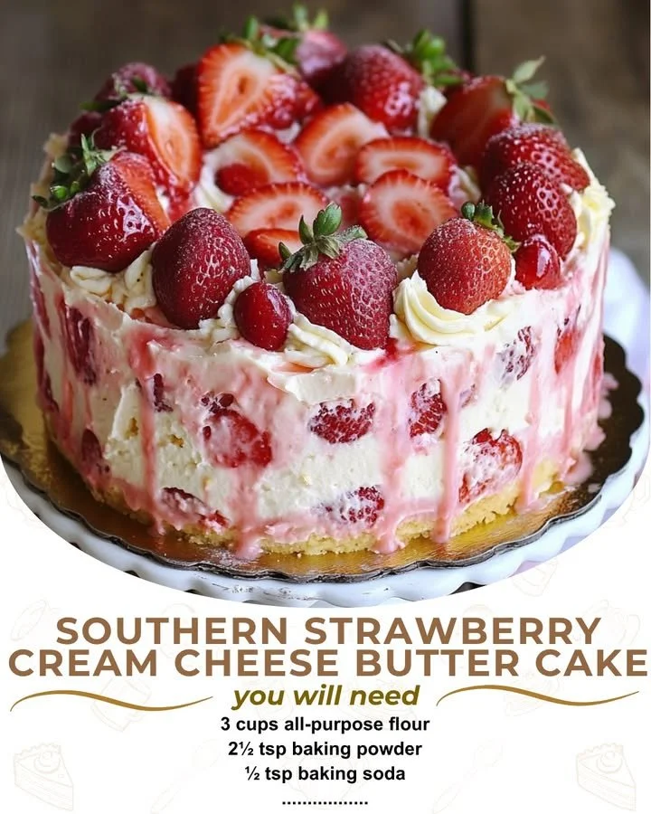 Southern Strawberry Cream Cheese Butter Cake with fresh strawberries and frosting