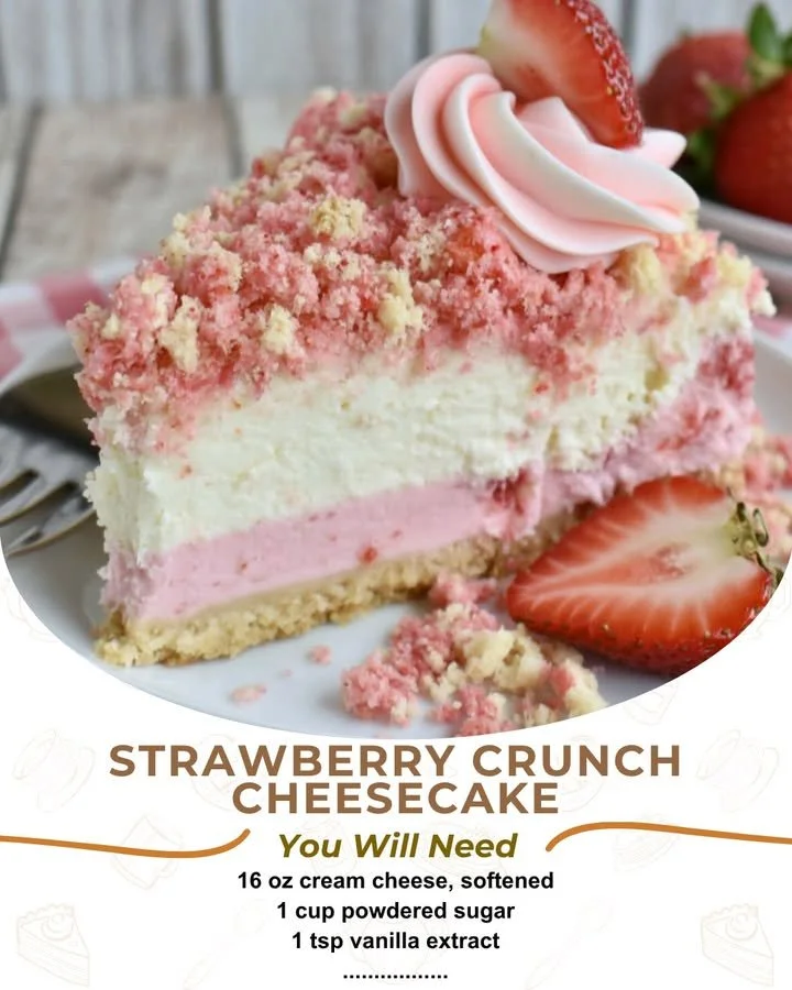 Deliciously layered Strawberry Crunch Cheesecake with fresh strawberries and crunchy topping