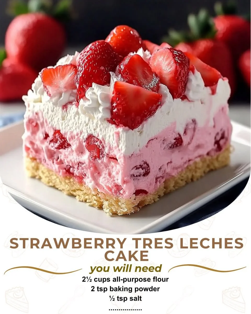 Delicious Strawberry Tres Leches Cake topped with fresh strawberries and cream