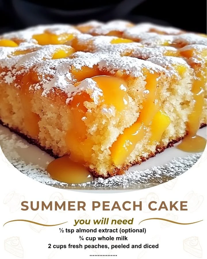 Summer peach cake topped with fresh peach slices and whipped cream