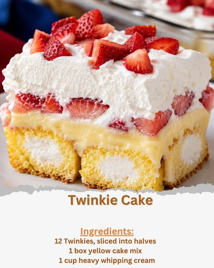 Delicious homemade Twinkie Cake topped with whipped cream and sprinkles.