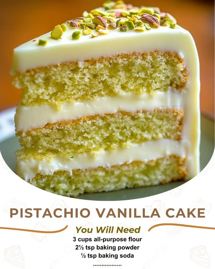 Delicious Vanilla Pistachio Cake topped with frosting and pistachio nuts