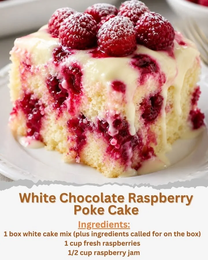 Delicious White Chocolate Raspberry Poke Cake with fresh raspberries and creamy frosting