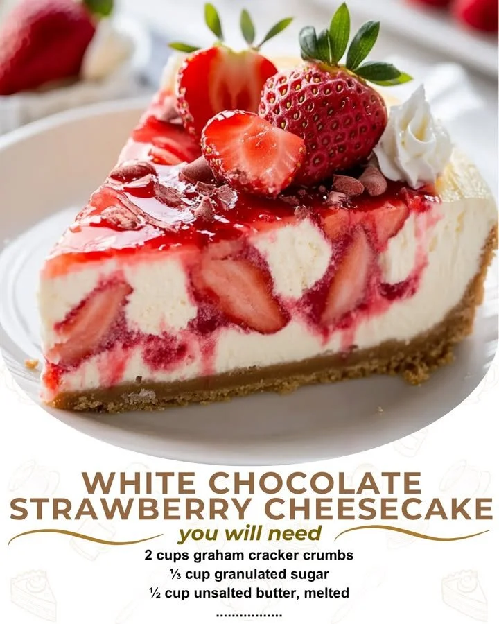 Delicious white chocolate strawberry cheesecake topped with fresh strawberries