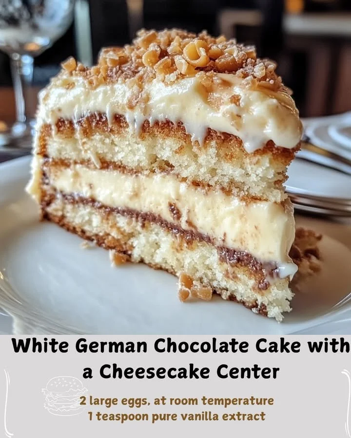 Slice of White German Chocolate Cake with Cheesecake Center on a plate
